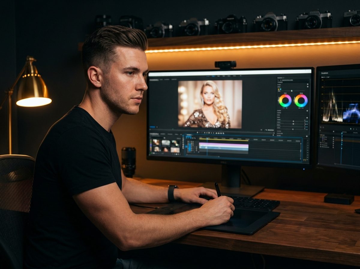 Editor color-grading photos in a dark edit suite