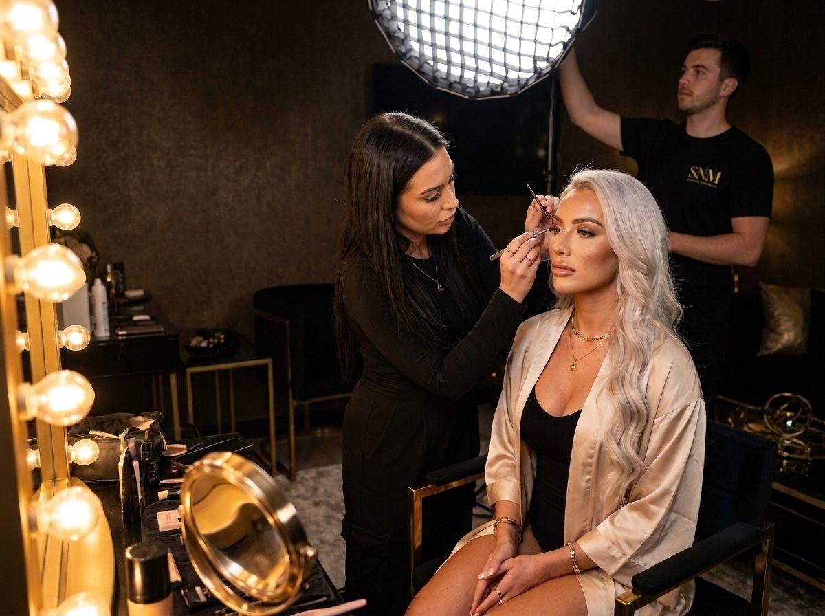 Makeup artist prepping a model in the SNM glam room