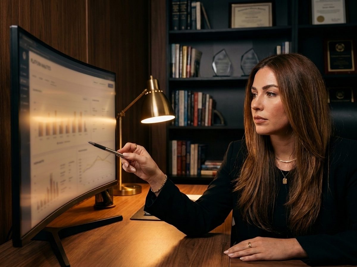 Account manager reviewing platform analytics in a dark, warm-lit office